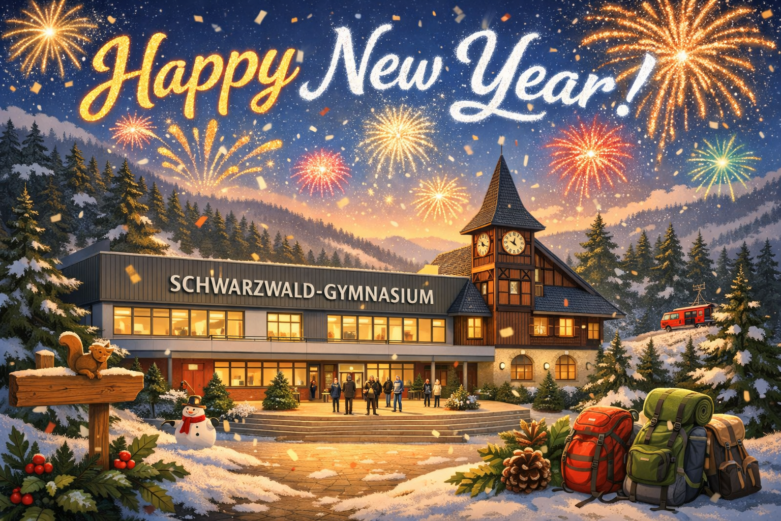 Die sechs neuen Kolleginnen und Kollegen stehen vor der Treppe des Schwarzwald-Gymnasiums